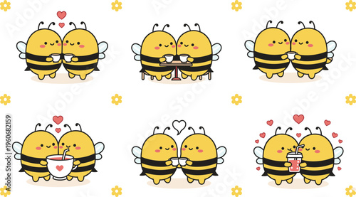 Cartoon vector illustration of two cute bees sharing drinks with hearts and flowers representing love, affection, and companionship