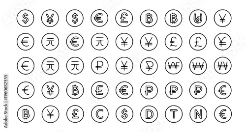 International currency symbol round outline icon set with global money signs dollar euro yen and rupee vector collection