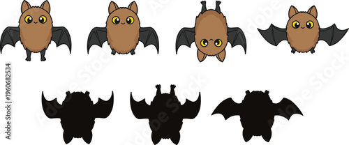 Vector illustration of cartoon bats with colorful designs and matching silhouettes used for educational puzzle and observation activity