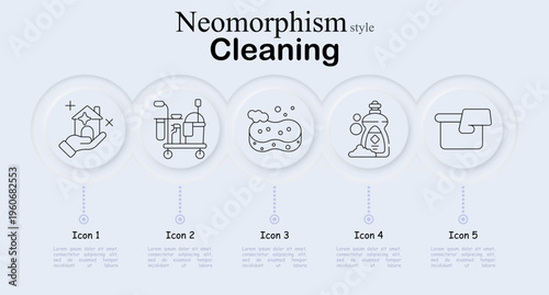 Cleaning set icon. Neomorphic circular interface line icons with hand holding clean house, janitor cart equipment, foam sponge wash, detergent bottle bubbles, cloth rag towel