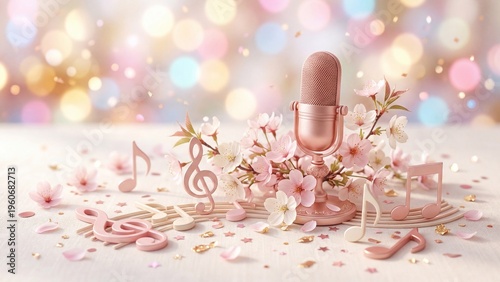 Elegant pink microphone surrounded by blooming cherry blossoms and scattered musical notes on soft white surface with golden sparkles. Artistic spring music concept for floral singing performances