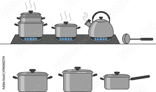 Vector illustration of kitchen stove with boiling pots, steaming kettle, and various cookware representing cooking and culinary preparation