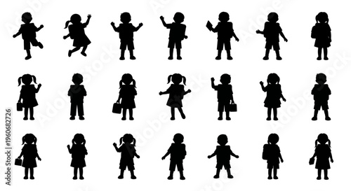 Diverse Silhouettes of Children in Motion, School Kids Collection