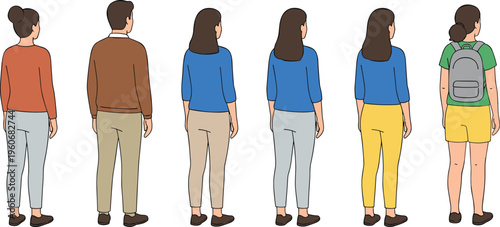Vector illustration of six diverse individuals standing from behind with distinct outfits, hairstyles, and accessories for comparison