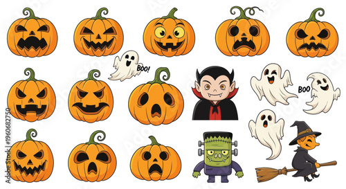 Halloween Characters: Pumpkins, Ghosts, Vampire, Frankenstein, Witch - Vector Art