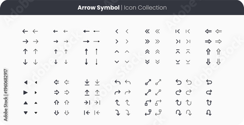 Arrow symbol icon collection. Directional, navigation, interface arrows. Up, down, left, right, double, curved and diagonal styles. Modern UI elements for web, mobile apps and application visuals