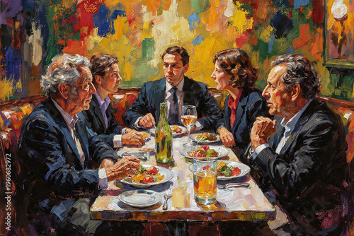 Corporate executives talking business deals, treating clients, making a sales pitch during a power lunch at a restaurant, Colleagues, office friends socializing, gossiping. Oil painting illustration.
