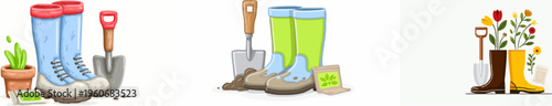 Rainy Day Preparedness: Gumboots, Spade, Potted Plant and Watering Can