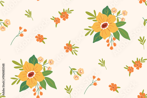 Seamless floral pattern, decorative ditsy print in a cute folk motif. Pretty botanical design of small hand drawn bouquets, large yellow flowers, little green leaves. Vector illustration.