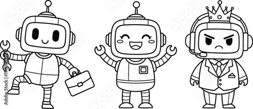 Set of three cute robot characters including a technician with wrench, happy female robot, and king robot isolated on white background for technology design.