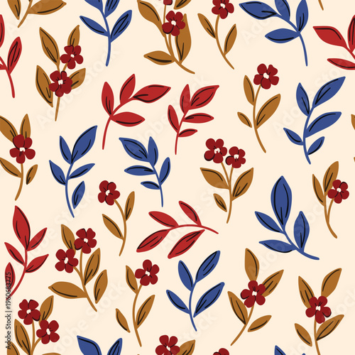 Seamless floral pattern, autumn ditsy print of decorative plants. Cute botanical design of hand drawn small wild flowers, tiny falling leaves. Simple texture, vector illustration.