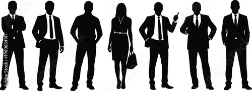 Silhouetted business professionals in corporate attire standing together, diverse team of men and women representing leadership, teamwork, collaboration, and modern office environment success
