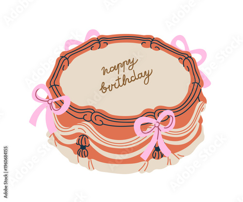 Happy birthday cake with cream and coquette ribbon bows decoration in vintage...