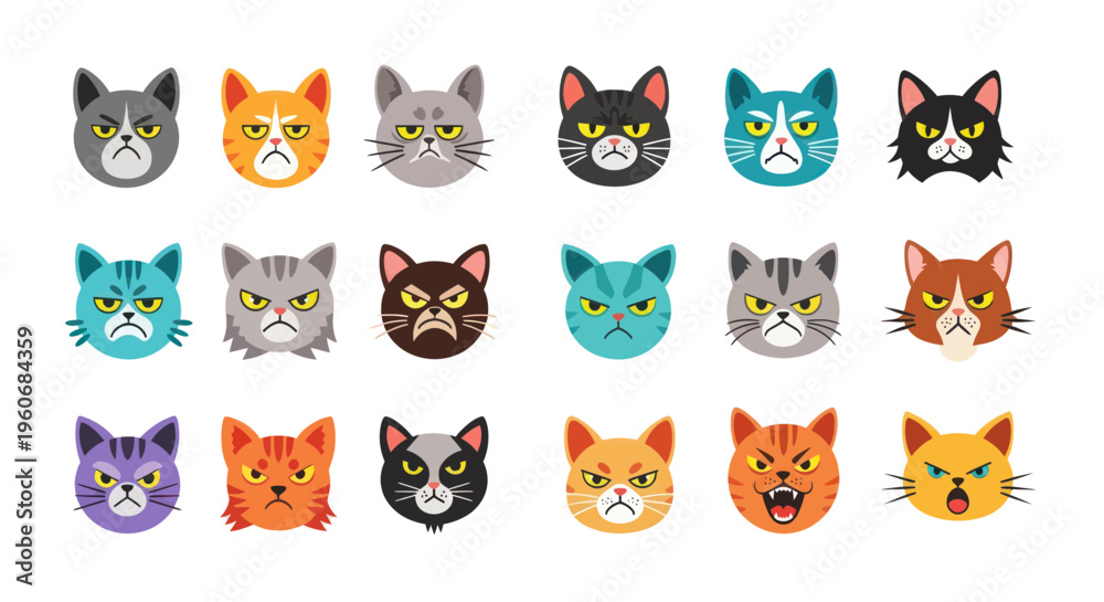 Obraz premium Collection of Grumpy Cat Faces, Cartoon Style, Expressing Negative Emotions