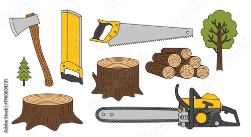 Woodworking Tools and Lumber: Axe, Saw, Chainsaw, Tree Stumps, Logs, and Trees