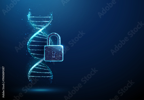 3d blue DNA strand with padlock. Genetic data protection, secure biotechnology, genome privacy, DNA encryption, medical data safety, biotech security measures concept.