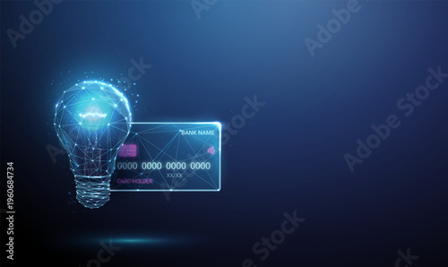 3d light bulb and bank card. Financial idea, innovative payment solution, secure transaction, fintech innovation, e-commerce creativity, financial technology concept.
