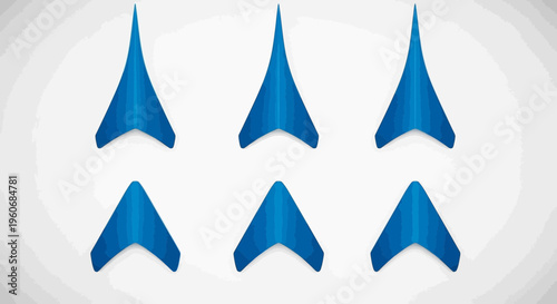 Six blue shark fin shapes arranged in two rows on a white background