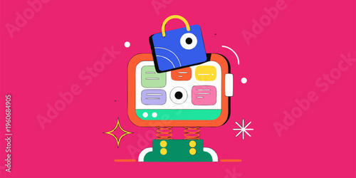 Colorful Cartoon Computer Monitor With Blue Shopping Bag
