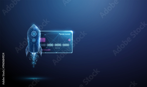 3d neon bank card with flying rocket Fast payments, financial acceleration, rapid transactions, fintech innovation, startup banking, high-speed money transfer concept.