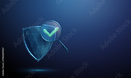 3d blue shield under magnifying glass with green check mark inside. Security verification, protection validation, risk control, safe infrastructure monitoring concept.