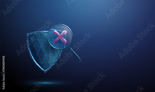 3d shield under magnifying glass with red cross mark inside. Security failure detection, vulnerability identification, risk exposure analysis, threat diagnostics concept.