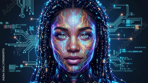 Digital consciousness woman face with glowing circuitry and circuit board background