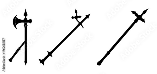 Medieval mace set with solid black silhouette on high contrast white background featuring spikes, historical weaponry, line art with silhouette and medieval era