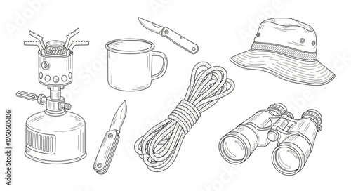 Camping Essentials - A Detailed Sketch of Outdoor Gear.
