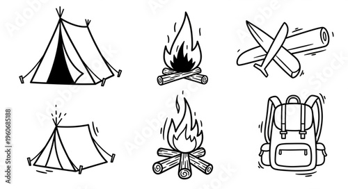Camping Essentials - Tent, Campfire, Kindling, and Backpack Illustrations.