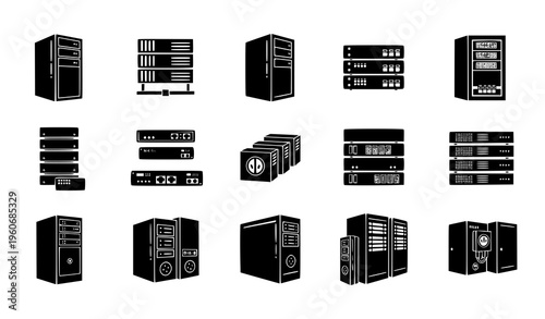 A collection of server and computer equipment vector icons in black and white
