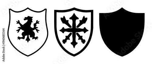Heraldic shield set with geometric silhouette design featuring shield, heraldry, iconography with line art and minimal style