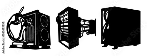 Crypto mining rig set with solid black silhouette on white background featuring mining rig, digital finance, infrastructure with black and white and high contrast