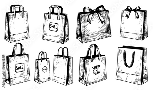 A set of hand-drawn shopping bags with sale and shop now text