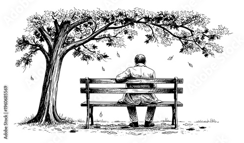 A man sits on a bench under a tree in a peaceful outdoor setting