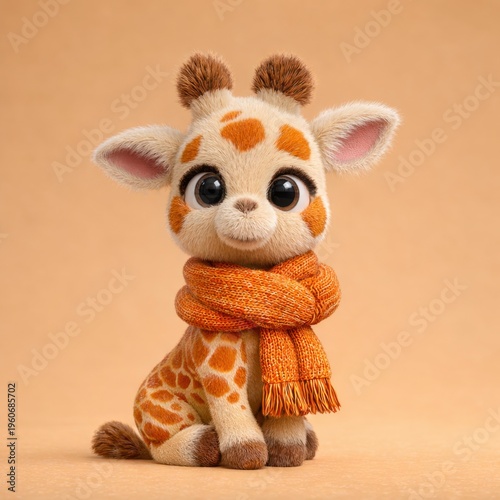 Cute baby giraffe wearing scarf on beige background illustration