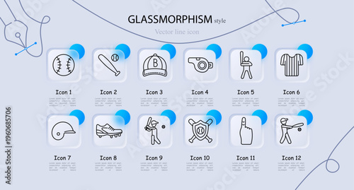 Baseball set icon. Ball, bat, cap, camera broadcast, batter swing, striped jersey, helmet, sport cleats, catcher hit, team emblem, fan finger, player swing. Professional league sport activity