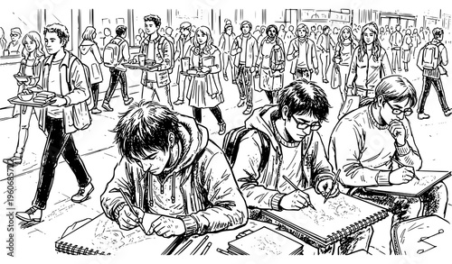 A black and white illustration of students studying in a busy cafeteria