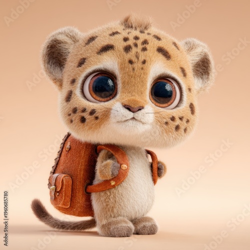 Cute baby leopard cub with backpack on beige background
