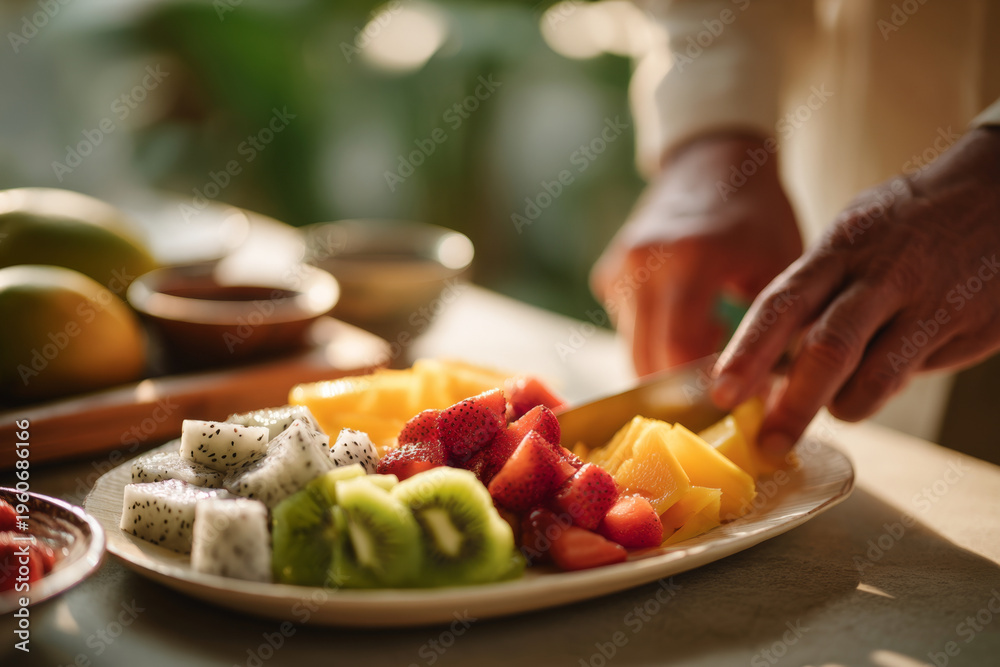 Obraz premium Fresh fruit preparation on a white plate with vibrant strawberries, kiwi, dragon fruit, and mango, set against a softly lit kitchen background