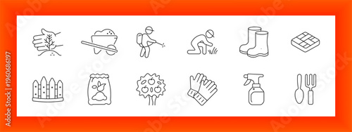 Gardening farming set icon. Hands with soil, wheelbarrow load, worker spray, planting seed, rubber boots, brick path, fence barrier, fertilizer bag, fruit tree, gloves pair, spray bottle