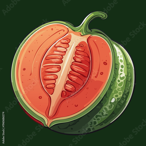 Sliced green fruit with red flesh for refreshing summer snack and healthy organic food - Vector Illustration