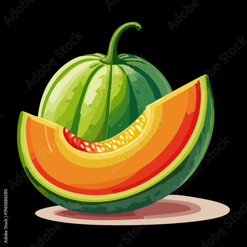 Half green melon with orange flesh for healthy tropical diet and fresh food graphic - Vector Illustration
