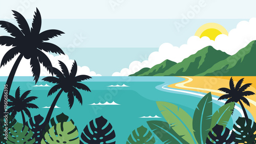 tropical beach view background with palm trees, mountain and sunny sky at dusk
