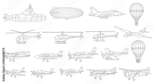 Collection of various aircraft and airborne vehicles illustrations
