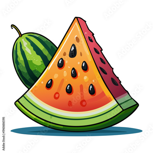 Two whole green fruits with red centers for healthy organic snack and tropical food - Vector Illustration