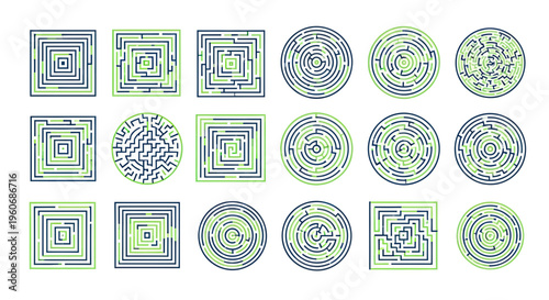 Set of 20 abstract geometric mazes, square and circle, blue and green