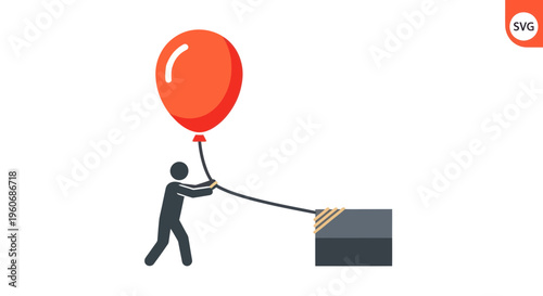 Person holding a tethered balloon, preventing it from floating away from a block