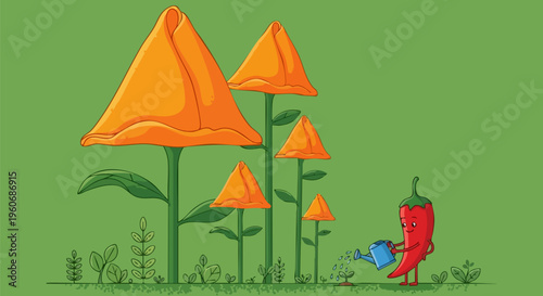 Whimsical cartoon chili pepper character watering plants, surreal garden with giant orange triangular flowers, playful vegetable gardening vector illustration