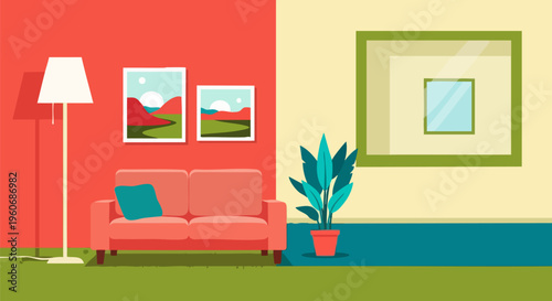Modern living room interior vector illustration, cozy home lounge with pink sofa and floor lamp, flat style apartment background with wall art